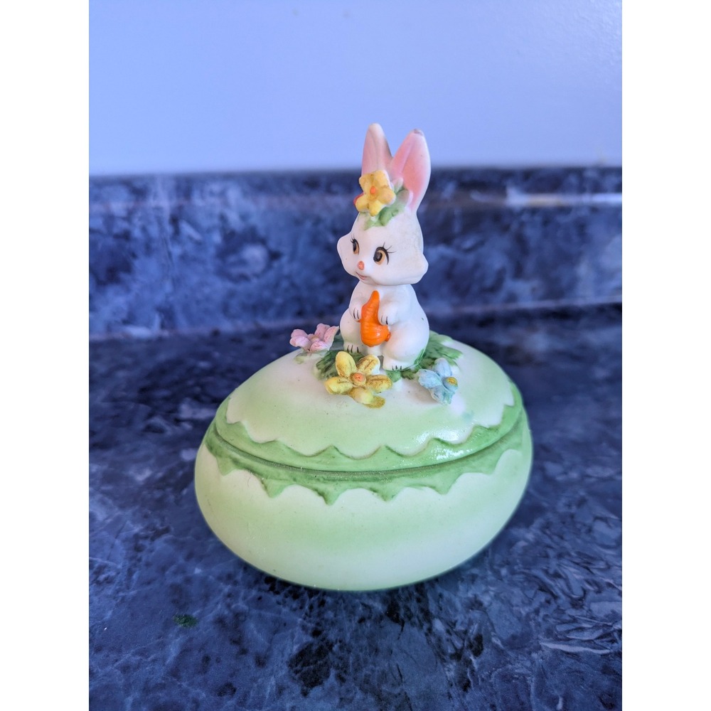 vtg Lefton China Bunny Rabbit Easter Egg Trinket Box Green Porcelain Hand Painte